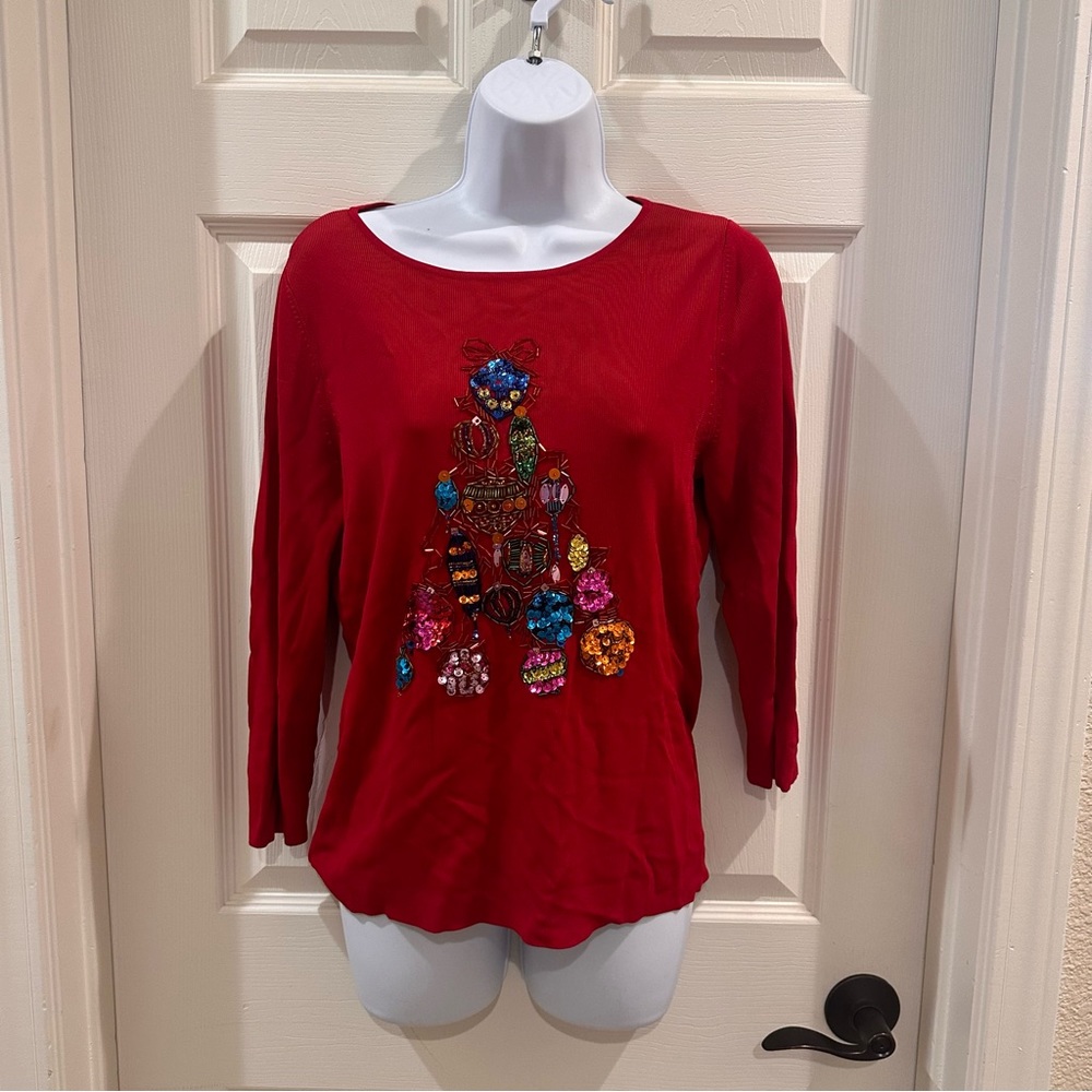 Sequin Tree Holiday Christmas Sparkler Sweater Top Large Lucia Burns Vintage